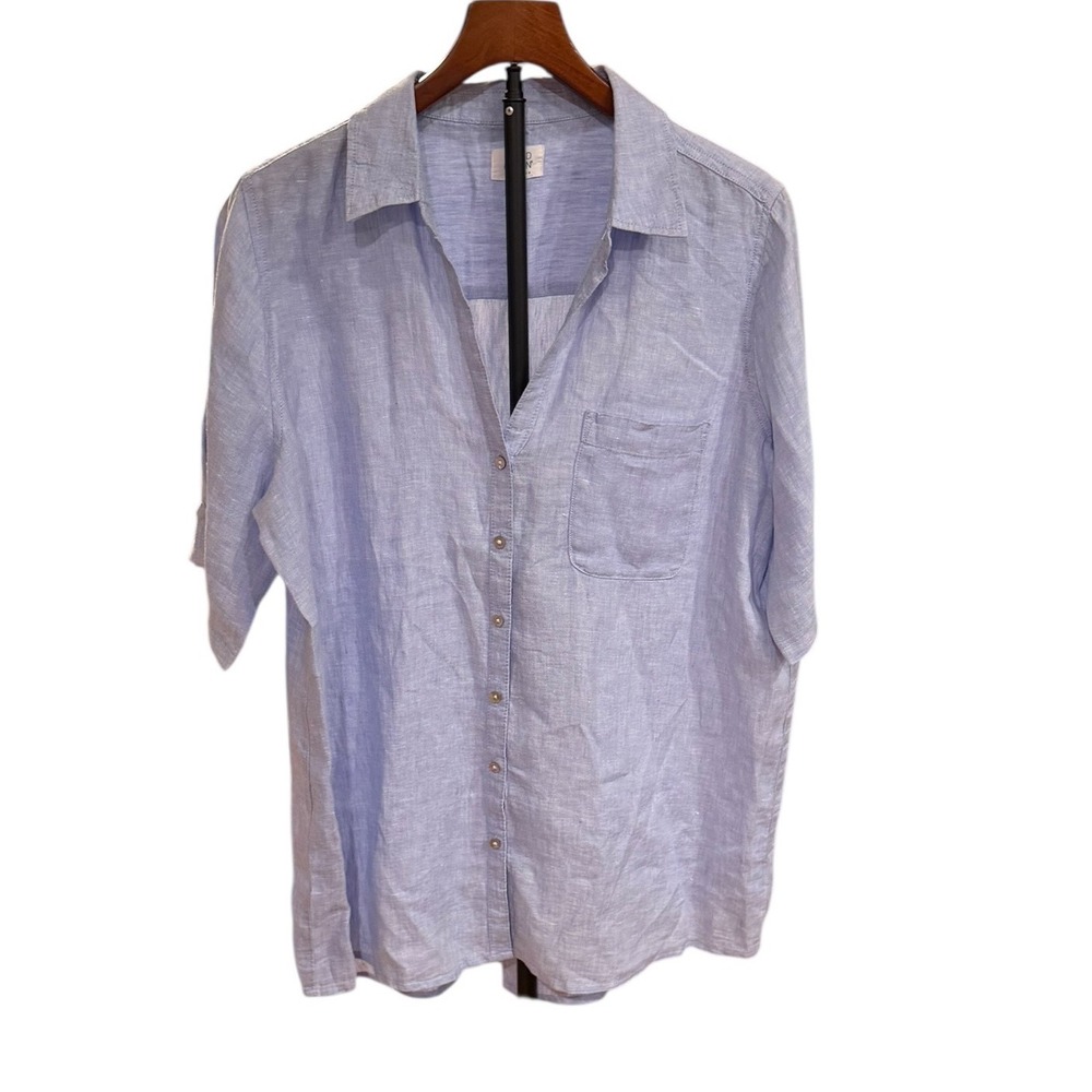 Sigrid Olsen Woman's Blue 100% Linen Short Sleeve Button Down Shirt Coastal sz L